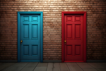 Fototapeta na wymiar Two doors symbolizing the destiny choice of red and blue colors on a brick wall.