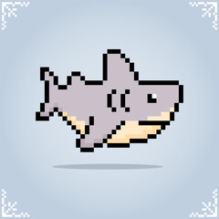Shark in 8 bit pixels. Animals for game assets and cross stitch patterns in vector illustration
