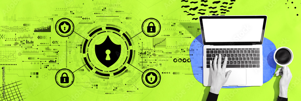 Poster cyber security theme with person using a laptop computer