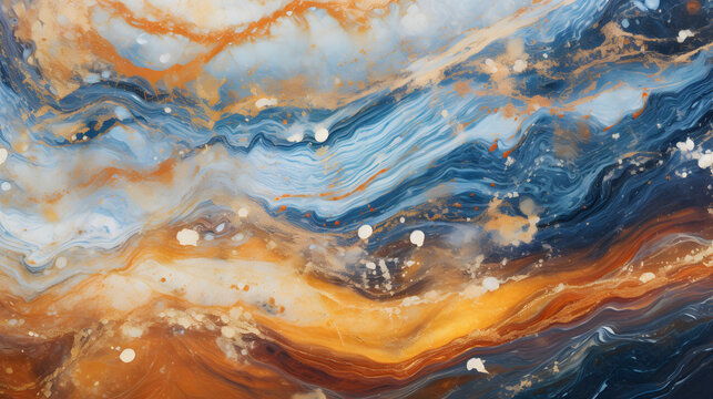 Blue, gold, beige, orange, brown in an avant-garde abstract color pattern marble texture. generative AI.