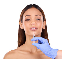 Isolated woman, injection and lip filler with plastic surgery, cosmetic change or beauty by...