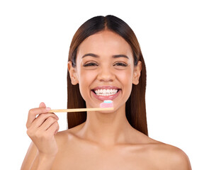 Isolated woman, bamboo toothbrush and portrait with smile for dental wellness by transparent png background. Girl, model and clean mouth with sustainable toothpaste, wood brush and teeth whitening
