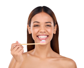 Isolated woman, bamboo toothbrush and portrait with smile for dental wellness by transparent png background. Girl, model and clean mouth with sustainable toothpaste, wood brush and teeth whitening
