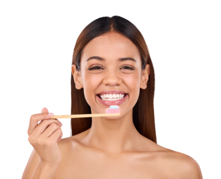 Isolated woman, bamboo toothbrush and portrait with smile for dental wellness by transparent png background. Girl, model and clean mouth with sustainable toothpaste, wood brush and teeth whitening - Powered by Adobe