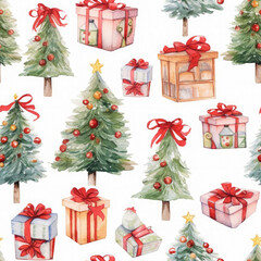 Fototapeta na wymiar Christmas cartoon tree and gift box themed watercolor seamless pattern created with Generative AI Technology