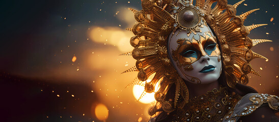 Carnival. Mardi Gras. A woman in a golden mask against the background of a sunset. Gold....