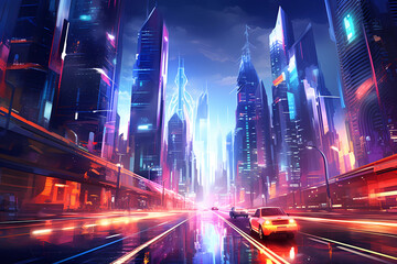 Futuristic city with light trails