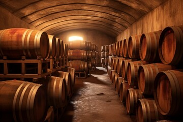 Barrels in winery cellar. Generative AI