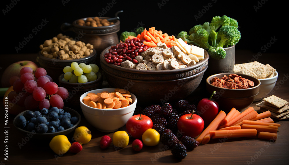 Wall mural fresh, healthy fruit and vegetable bowl on wooden table generated by ai - Wall murals