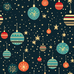 Christmas themed Christmas ball ornaments, snowflakes, stars and tree seamless pattern
