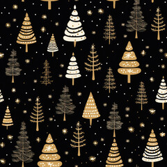Winter Christmas tree with snowflakes and stars at night seamless pattern on black background