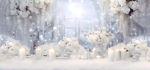 Festive table. Wedding. Christmas. The table is set, there are candles. White Rose. Banner. Copy space. Generated AI. Modified in Photoshop