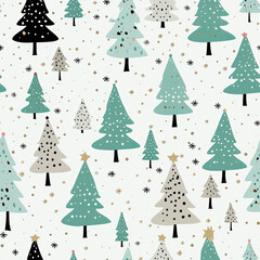 Obraz premium Cute Winter Christmas tree with snowflakes and stars on gray silver tone background seamless pattern