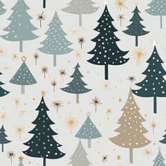 Fototapeta premium Cute Winter Christmas tree with snowflakes and stars on gray silver tone background seamless pattern