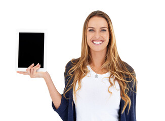 Portrait of happy woman, tablet in hand and isolated on transparent png background for website...