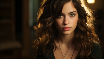 Fototapeta premium A beautiful young woman with long brown hair looking at camera generated by AI