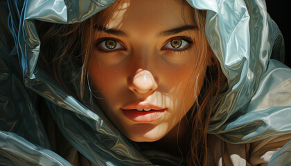 Young adult woman, outdoors, looking at camera, close up, beauty generated by AI