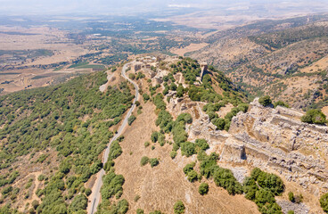 Drone  view of the remains of the medieval fortress of Nimrod - Qalaat al-Subeiba, located near the border with Syria and Lebanon on the Golan Heights, in northern Israel