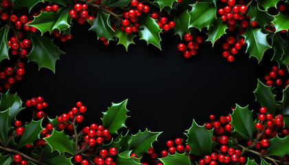 Christmas xmas decoration with holly berries border and copy space.