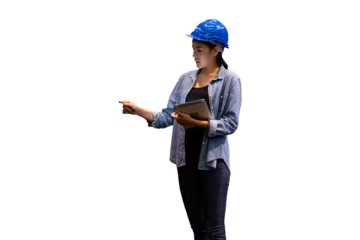 Portrait of female worker wearing safety uniform, helmet standing and working with digital tablet on white background