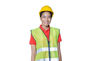 Portrait of female worker wearing safety uniform standing on white background