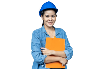 Portrait of female worker wearing safety uniform, helmet standing and working with clipboard on white background