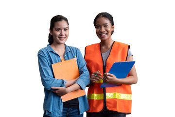 Group of young female workers wearing safety uniform standing and working with clipboard on white...