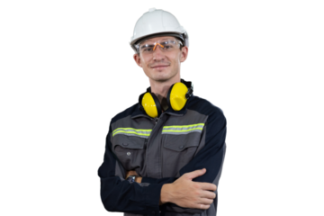 Portrait of male engineer wear uniform and helmet standing witch crossed arms on white background