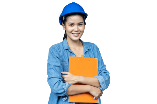 Portrait of female worker wearing safety uniform, helmet standing and working with clipboard on white background - Powered by Adobe