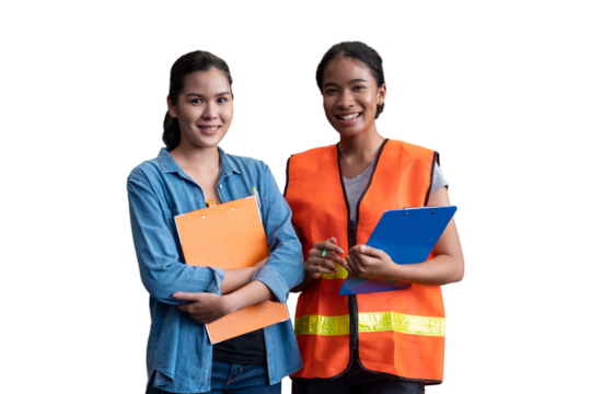 Group of young female workers wearing safety uniform standing and working with clipboard on white background