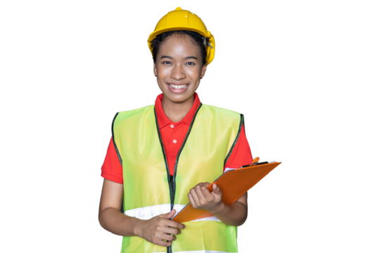 Portrait of female worker wearing safety uniform, helmet standing and working with clipboard on white background