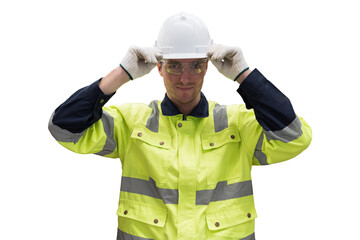 Portrait of male engineer wear uniform and helmet standing on white background