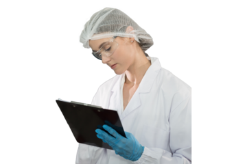 Portrait of female medical scientist wearing uniform, hairnet, gloves and writing on clipboard on white background