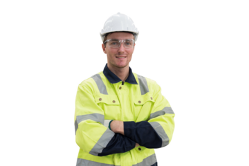 Portrait of male engineer wear uniform and helmet standing witch crossed arms on white background