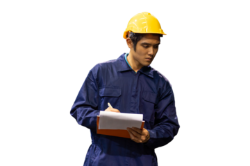 Portrait of male factory worker wearing safety uniform, helmet standing and working with clipboard on white background