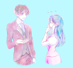 困っている女性に説明をする男性　会社員