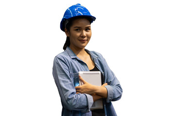 Portrait of female worker wearing safety uniform, helmet standing and working with clipboard on white background