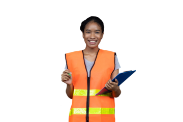 Portrait of female worker wearing safety uniform standing and working with clipboard on white background