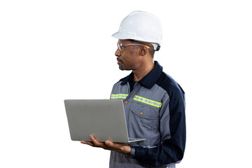 Portrait of male engineer wear uniform and helmet standing and working laptop computer on white background