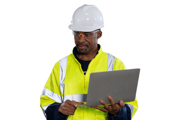 Portrait of male engineer wear uniform and helmet standing and working laptop computer on white...
