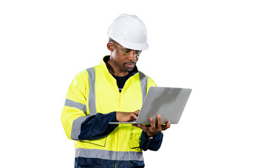 Portrait of male engineer wear uniform and helmet standing and working laptop computer on white...