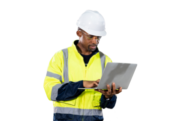 Portrait of male engineer wear uniform and helmet standing and working laptop computer on white background
