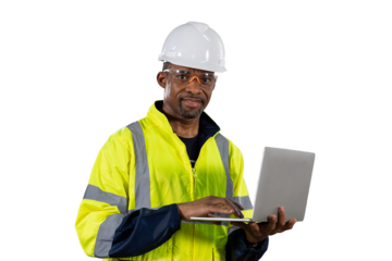 Portrait of male engineer wear uniform and helmet standing and working laptop computer on white background