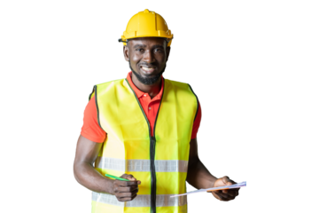 Portrait of African American male factory worker wearing safety uniform, helmet standing and working with clipboard on white background