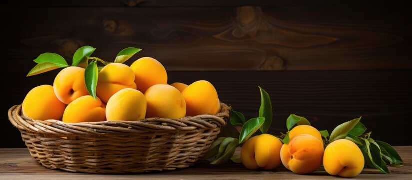 Wooden basket holding yellow plums