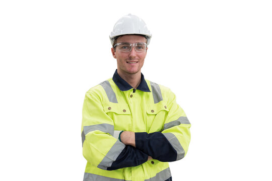 Portrait Of Male Engineer Wear Uniform And Helmet Standing Witch Crossed Arms On White Background