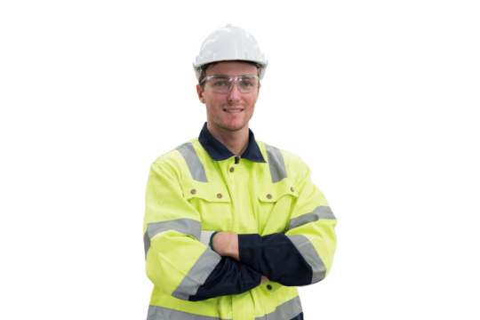 Portrait of male engineer wear uniform and helmet standing witch crossed arms on white background