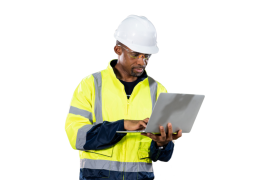 Portrait of male engineer wear uniform and helmet standing and working laptop computer on white background