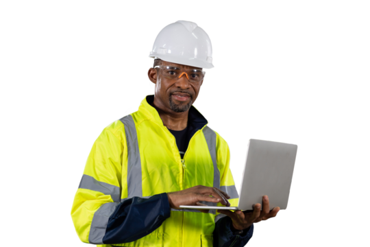 Portrait of male engineer wear uniform and helmet standing and working laptop computer on white background - Powered by Adobe
