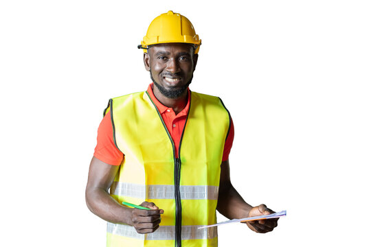 Portrait of African American male factory worker wearing safety uniform, helmet standing and working with clipboard on white background - Powered by Adobe